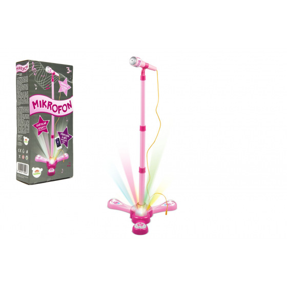 Mikrofon karaoke růžový plast na baterie se světlem se zvukem v krabici 17x34x7cm