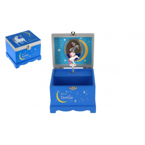 Skříňka šperkovnice jednorožec hrající na natažení dřevo odklápěcí vrch modrá 12,5x10,5cm v krabičce