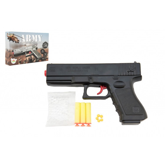 Teddies Pistole für Kugeln 20cm Kunststoff + Wasserkugeln 6mm, 3 Schaumstoffgeschosse, Gummikugeln. in einer Schachtel 23x15x4cm