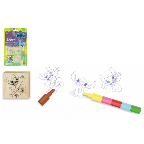 Jiri Models Stempel 3+1 mit Kissen Holz 4,5x4,5cm mit Wachsmalstift Lilo & Stitch auf Karte 17x28cm