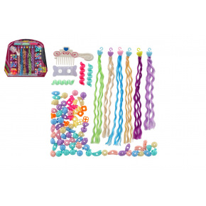 Sada korálků a copánků na vlasy plast mix druhů na kartě 30x26x3cm