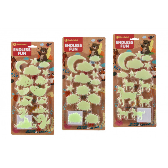Zvířátka nalepovací na zeď/strop plast svítící ve tmě plast 3 druhy na kartě 15x32,5cm