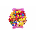 Teddies Korálky dřevěné barevné s gumičkami cca 300ks v plastové dóze 7x11cm