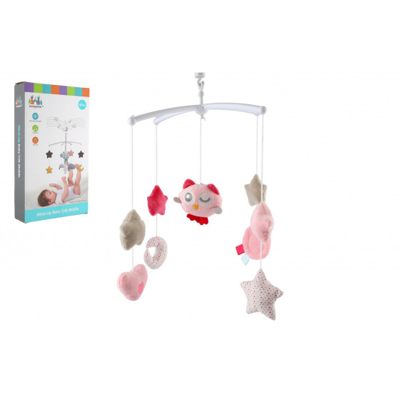 Teddies Mobile mit Eule für das Bettchen aus Kunststoff mit aufziehbarem Spielwerk rosa in der Schachtel 19x33x5,5cm