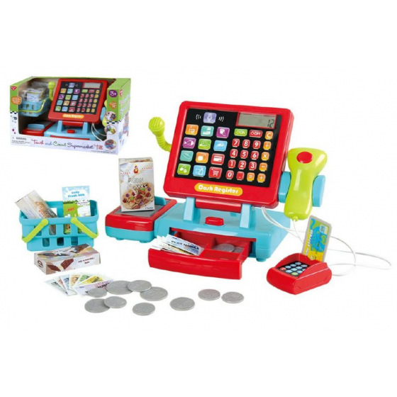 Teddies Kasse mit Touchscreen und Zubehör, aus Kunststoff, batteriebetrieben, mit Sound, in Schachtel 35x22x15cm