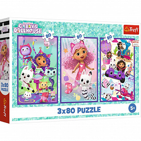Trefl Puzzle 3v1 Gabby´s Dollhouse: Barevné dny Gabby 2x80 dílků 18x27,5cm v krabici 29x19x4cm