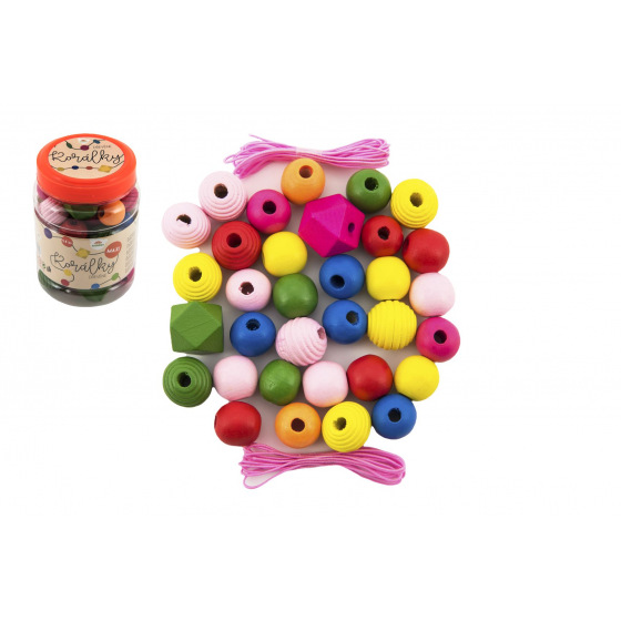 Teddies Holzperlen bunte MAXI mit Gummibändern 54 Stück in kleiner Plastikdose 7x11cm