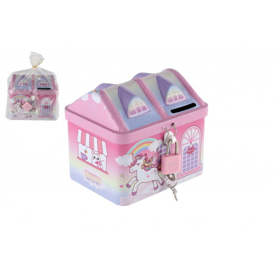 Teddies Spardose Häuschen Einhorn aus Blech mit Schloss 11x9cm rosa im Beutel
