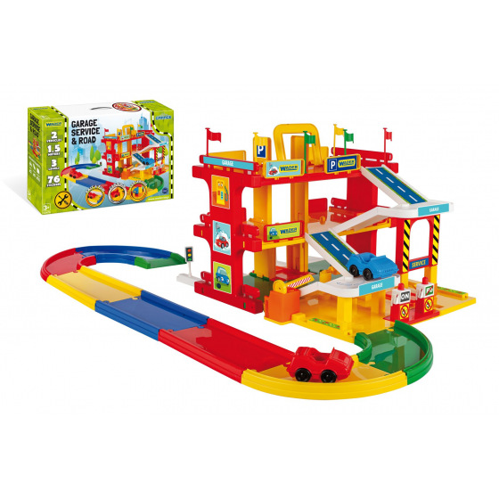 WADER Garage Service 3 Etagen + Strecke 1,5m + 2 Autos Kunststoff in Schachtel 59x40x15cm Wader