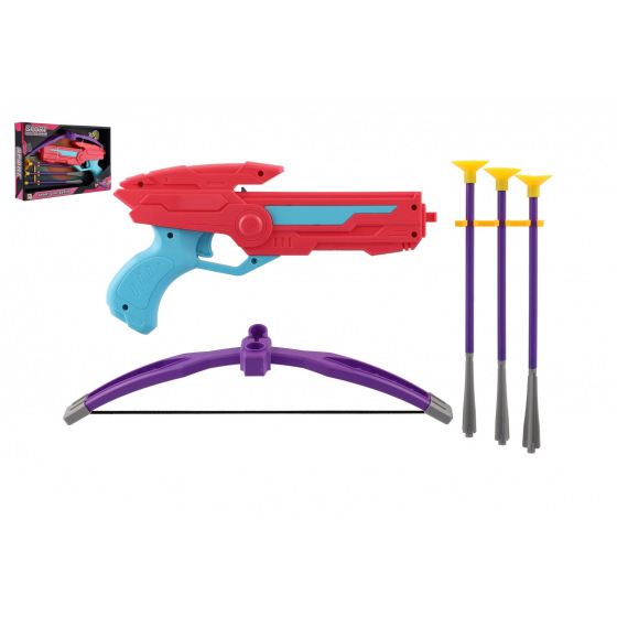 Teddies Armbrust 27cm + Pfeile mit Saugnäpfen 3 Stück Plastik rosa in Schachtel 33x20,5x5cm