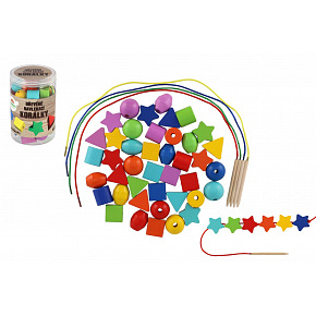 Teddies Korálky dřevěné barevné navlékací 42ks se šňůrkami 4ks v plastové dóze 10x15cm
