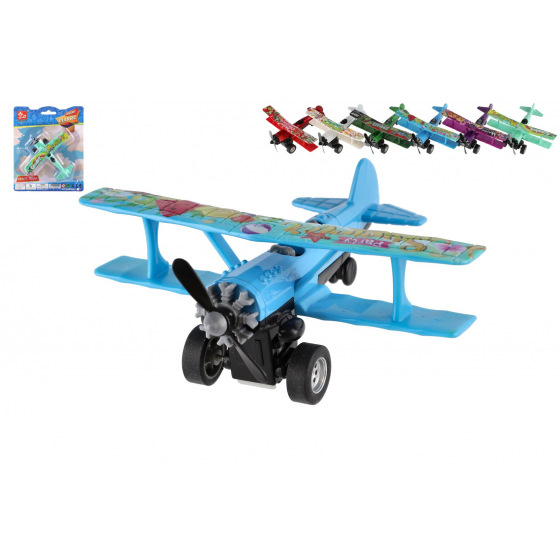 Teddies Lietadlo dvojplošník kov/plast 10x11cm na spätné natiahnutie mix farieb na karte