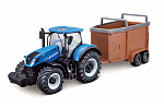 Bburago - FARMLAND, New Holland T7.315 HD s přívěsem pro přepravu hospodářských zvířat, 10 cm