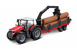 Bburago - FARMLAND, Massey Ferguson 8740S s nakladačem a přívěsem na dřevo, 10 cm
