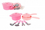 Teddies Zestaw naczyń z akcesoriami, plastikowe, różowe, w siatce 20x30x10cm 18m+