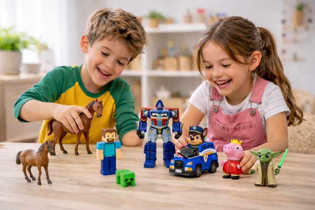 děti si hrají s figurkami – Minecraft, robot transformer, Tlapková patrola a další hračky