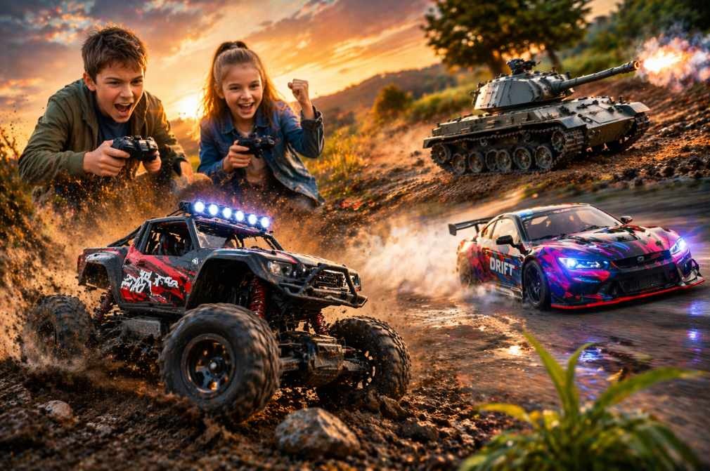 děti si hrají s rc auty na ovládání – offroad, driftovací auto a tank