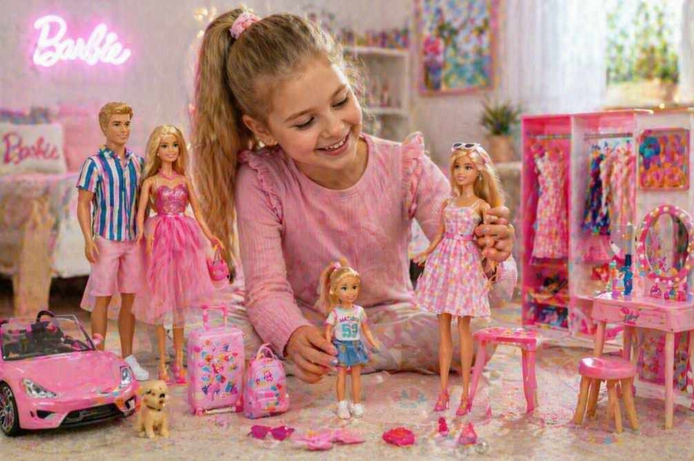 dítě si hraje s panenkami Barbie, Ken a Chelsea a vytváří příběhy