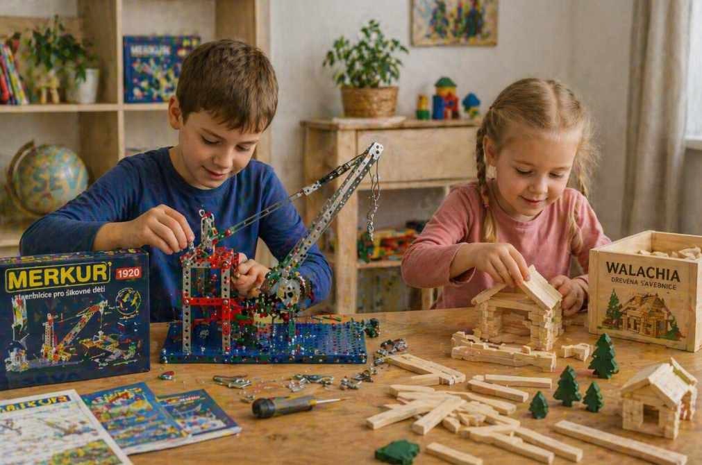 kluk staví kovovou stavebnici Merkur a holčička si hraje s dřevěnou stavebnicí Walachia