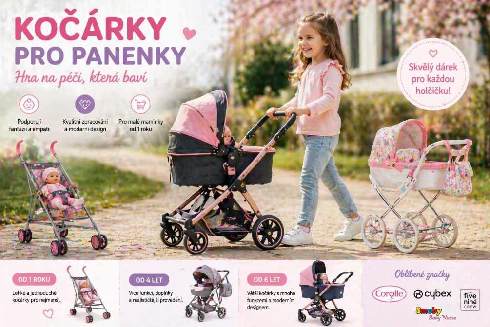 holčička tlačí kočárek pro panenku venku na procházce a hraje si