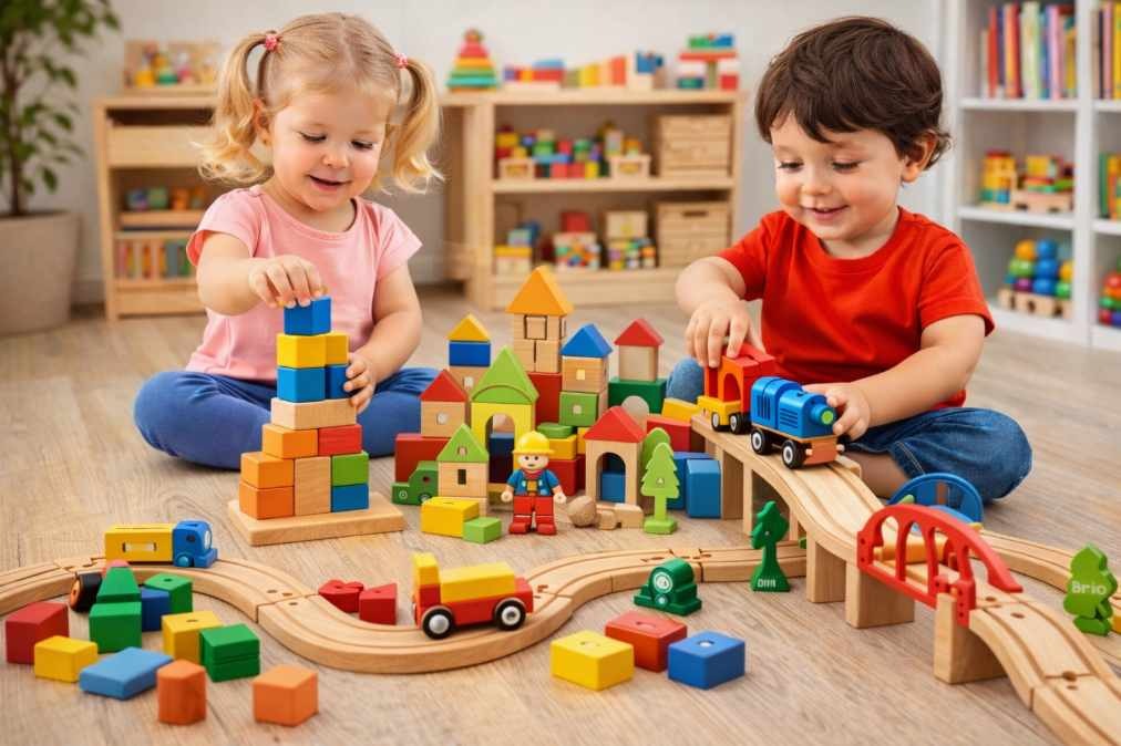 dřevěné hračky pro děti – kostky, stavebnice a dřevěná vláčkodráha