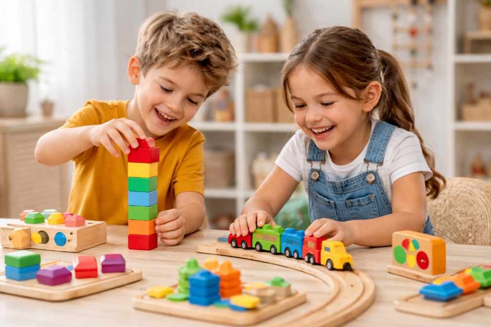 děti si hrají s dřevěnými hračkami – kostky, vláčkodráha a montessori hračky