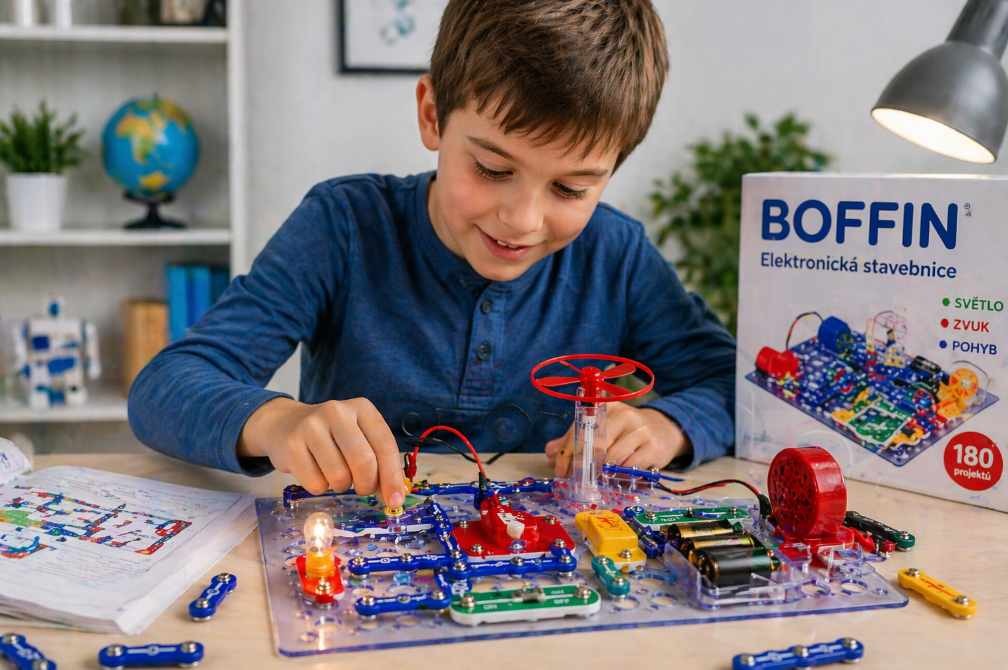 dítě si hraje s elektronickou stavebnicí a zapojuje obvody
