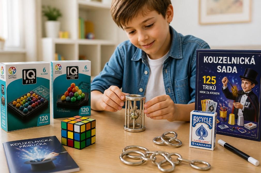 dětské hlavolamy ježek v kleci kovový a rubikova kostka při hraní