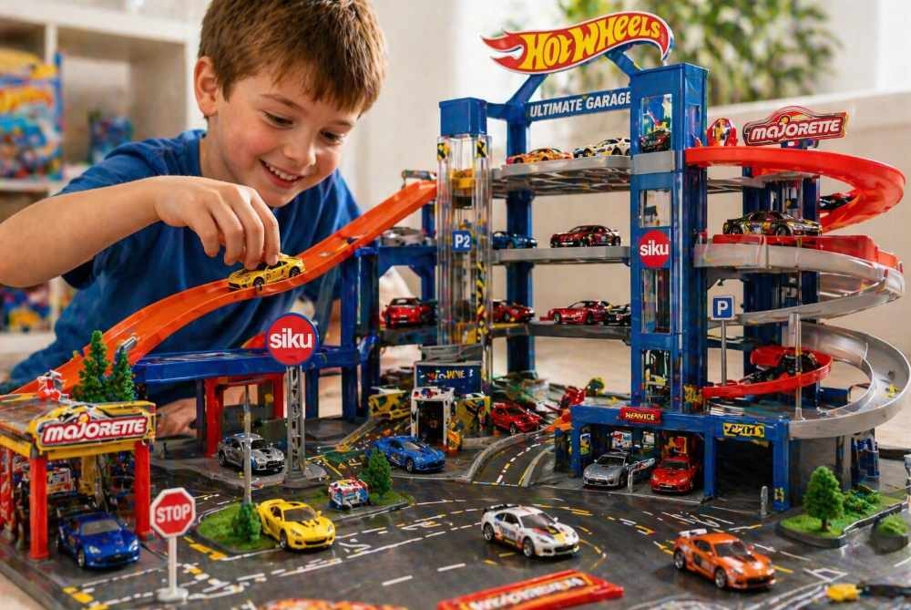 Hot Wheels a Majorette dětská garáž pro autíčka s dráhou a malými kovovými auty při hře