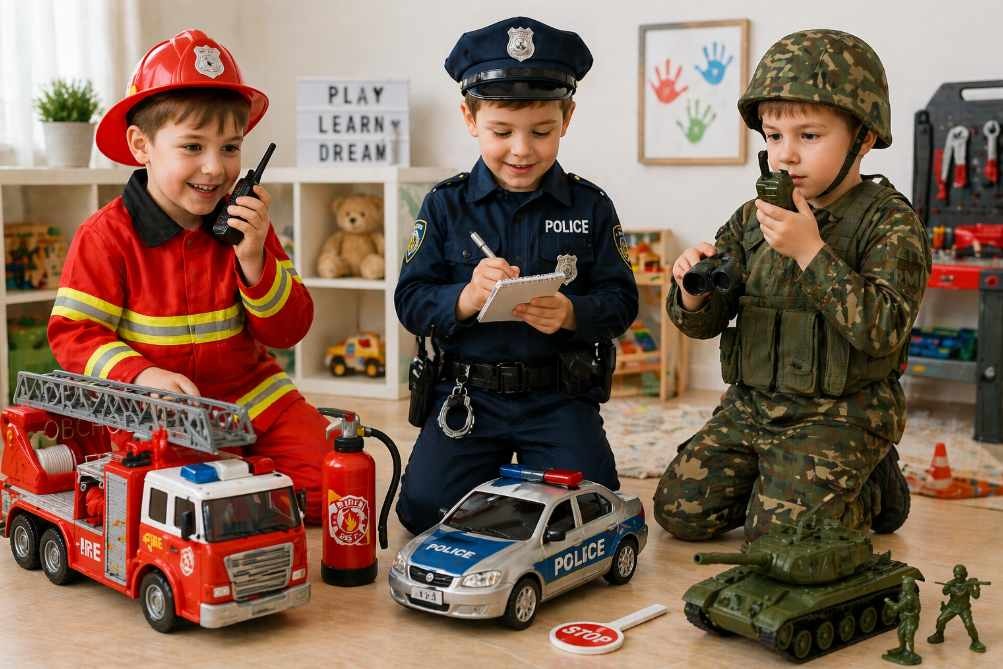 děti si hrají na hasiče policistu a vojáka s dětskými hračkami a kostýmy