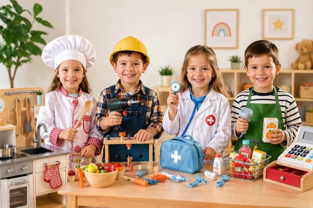 děti si hrají na profese – kuchař, opravář, lékař a prodavač s dětskými hračkami