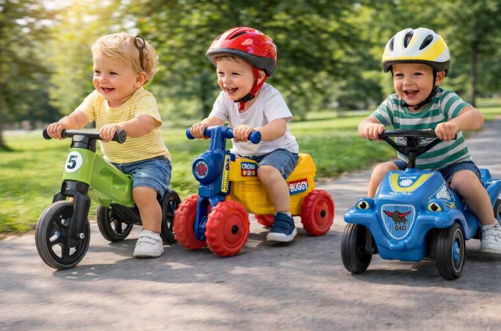 děti jedou na odrážedlech Funny Wheels, motorce a autíčku