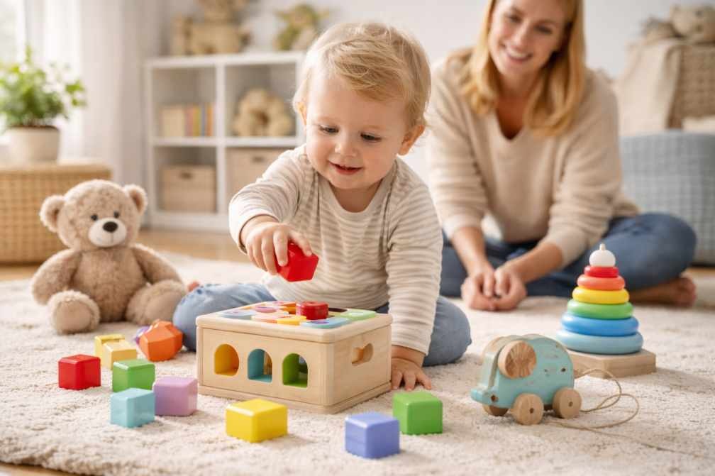 batole si hraje s hračkami pro nejmenší – kostky a edukativní hračky