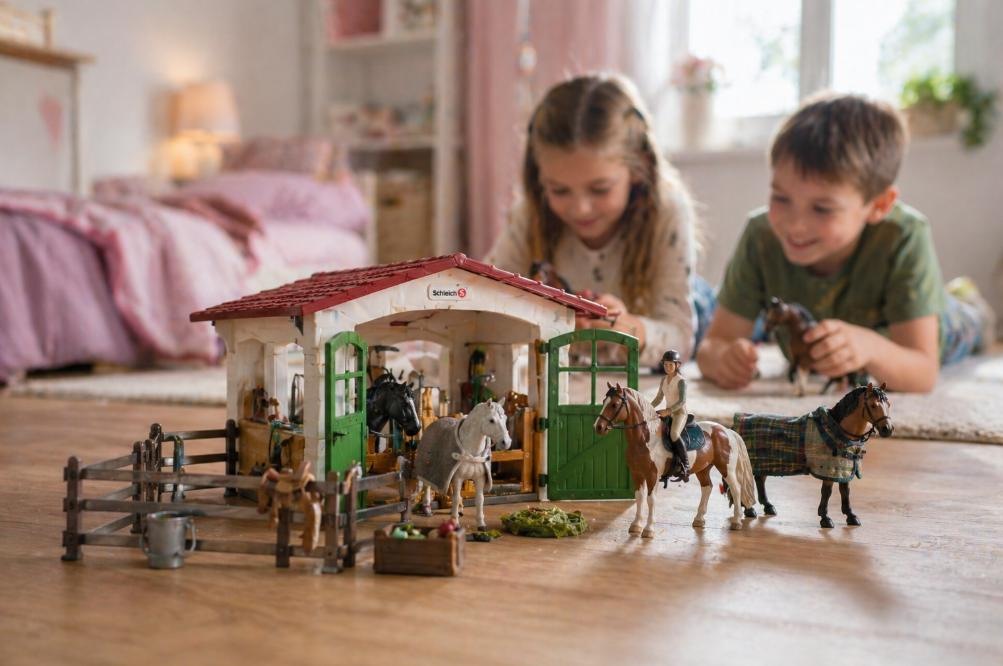 Figurky koní a stáj pro děti – realistická hra