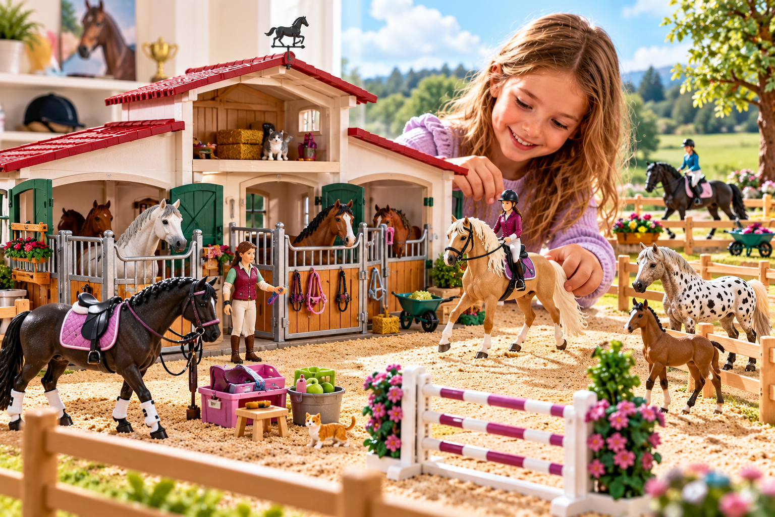 Inspirace na vánoční dárky pro malé milovnice koní. Figurky koní, stáje, jezdci a jezdecké doplňky značek Schleich, Faunica a dalších výrobců umožňují vytvářet vlastní koňský svět, vymýšlet příběhy z farmy a užívat si zábavu při péči o koně i jezdeckých soutěžích.