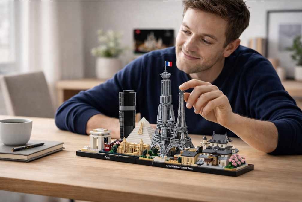dospělý muž staví LEGO Architecture model – designová stavebnice