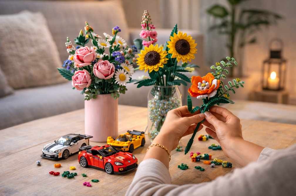 dospělý staví LEGO květiny jako dekoraci do interiéru