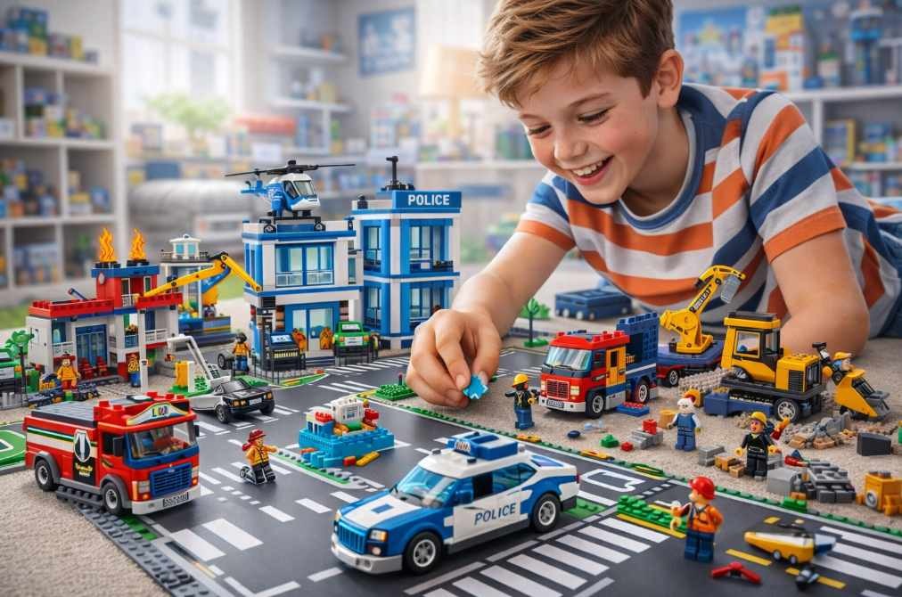 dítě si staví LEGO City – policie, hasiči a město z kostek