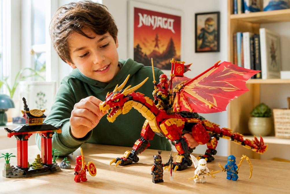 dítě si hraje se stavebnicí LEGO NINJAGO drak a ninja postavy