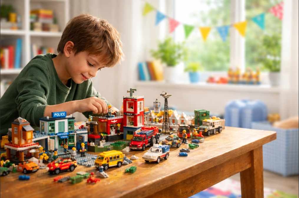 Dítě si staví vlastní LEGO město plné budov, aut a postaviček. Stavění rozvíjí fantazii, kreativitu i logické myšlení a přináší radost z každého detailu.