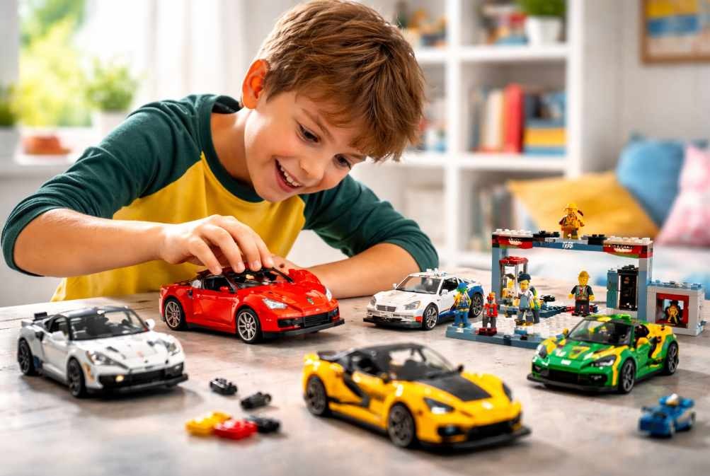 dítě staví LEGO závodní auto a hraje si s ním