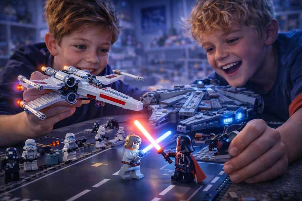 dítě si hraje s LEGO Star Wars – vesmírná bitva a světelné meče