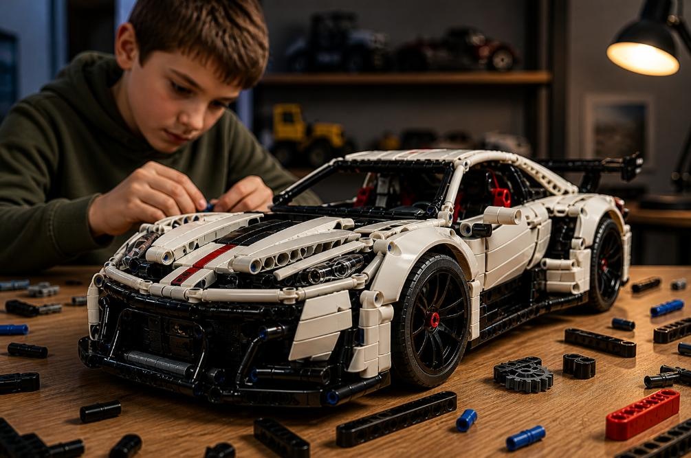 dítě staví stavebnici LEGO Technic auto s realistickými detaily