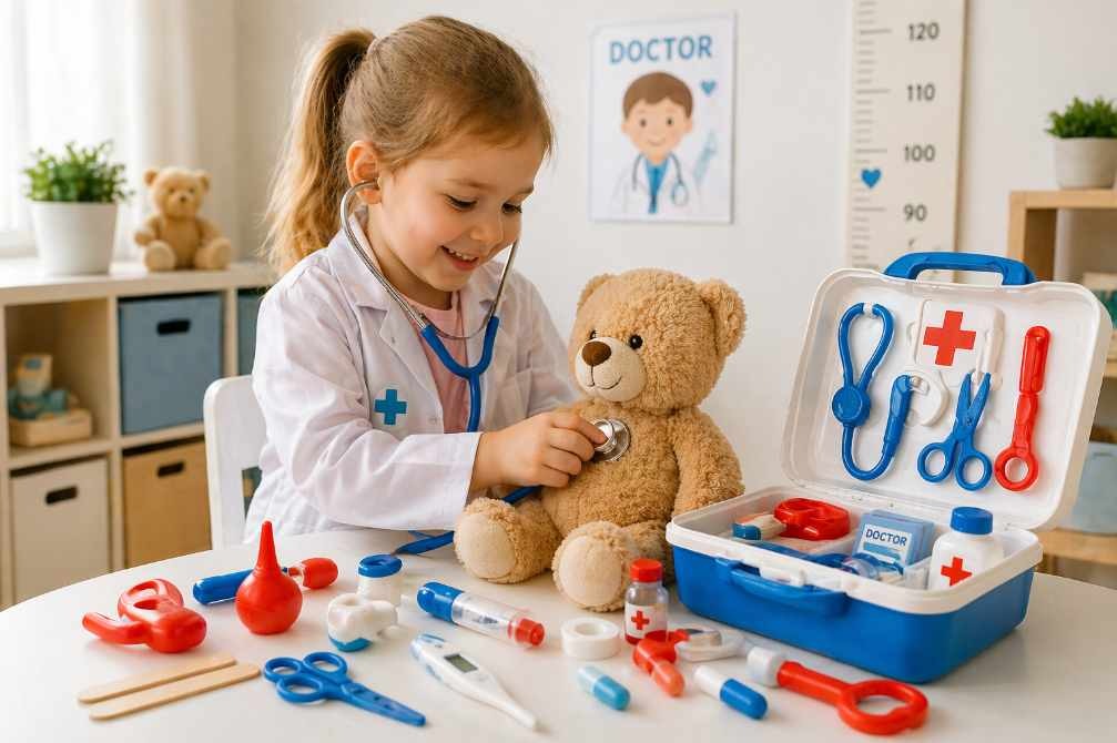 holčička si hraje s lékařskou sadou pro děti a používá stetoskop při hře na doktora