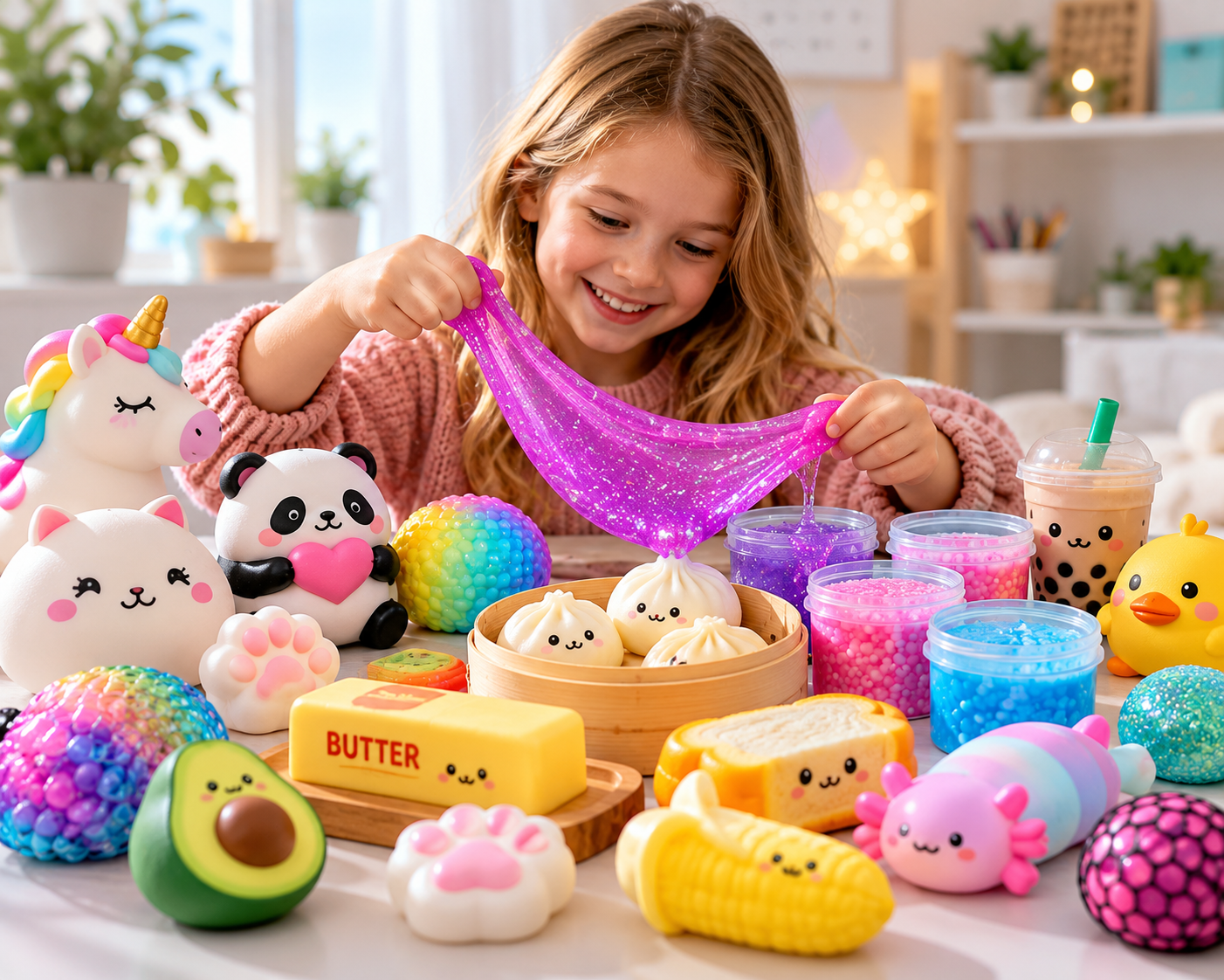 Inspirace na originální vánoční dárky pro děti. Mačkací hračky, roztomilé squishy knedlíčky, mačkací máslo, barevné slizy a antistresové míčky nabízejí zábavu s různými tvary, barvami a texturami.