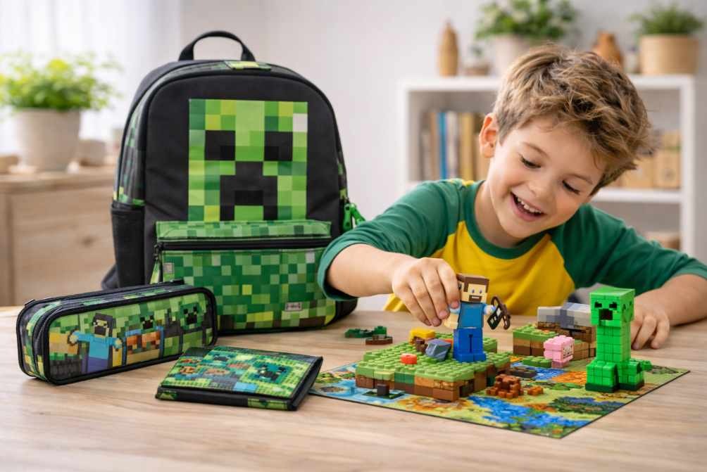dítě si hraje s Minecraft figurkami – Steve, Creeper, batoh a penál