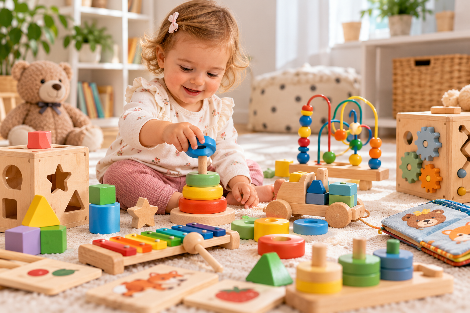 Inspirace na vánoční dárky pro nejmenší děti. Montessori a didaktické hračky pomáhají při hravém poznávání barev, tvarů a materiálů a podporují rozvoj jemné motoriky, koordinace a samostatnosti.