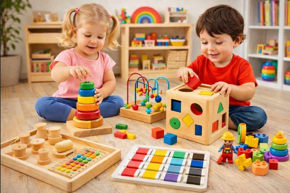 montessori hračky pro děti – dřevěné vkládačky, stavebnice a didaktické pomůcky