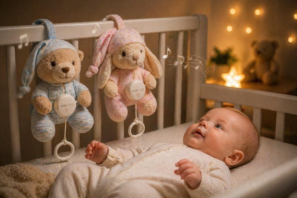 dítě v postýlce s plyšovými natahovacími hračkami BabyTed s melodií