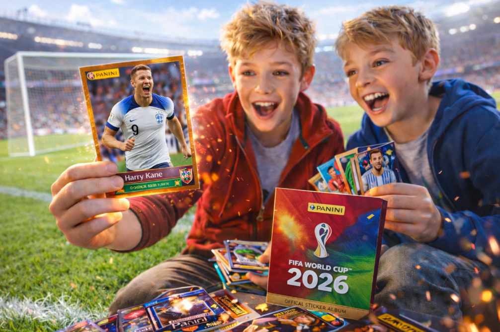 děti si prohlížejí fotbalové kartičky na stadionu – Panini FIFA karty